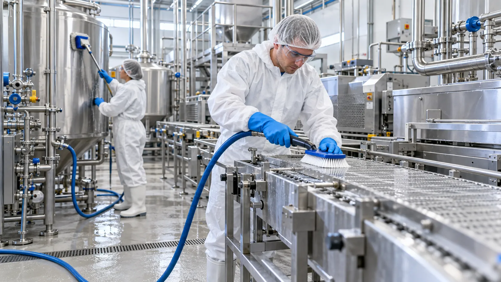 Hygienic cleaning of a stainless-steel conveyor in food production, in protective clothing