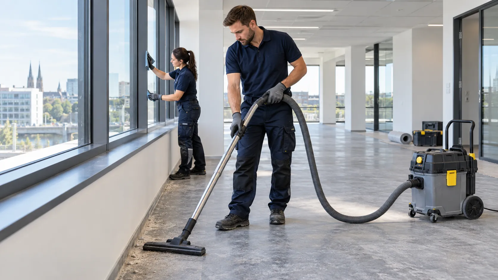 Post-construction cleaning on a new office floor: vacuuming building dust and cleaning windows