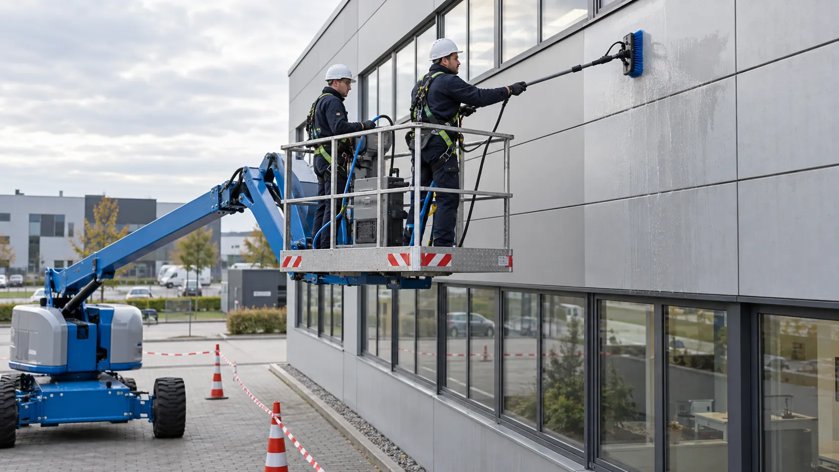 Cleaning a metal facade with a brush from an aerial work platform, with the work area cordoned off