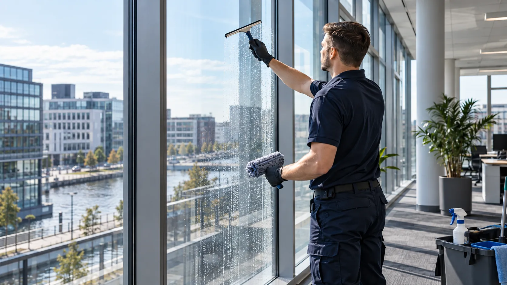 Cleaning large office windows with a washer and squeegee