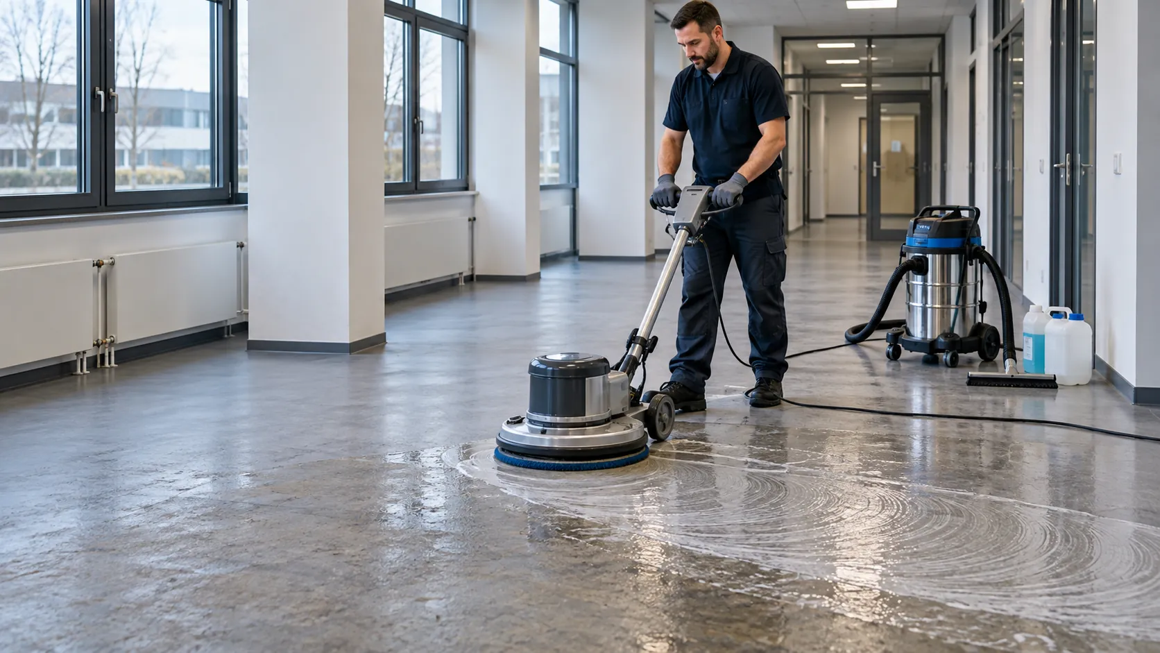 Deep cleaning a commercial floor with a single-disc machine and a wet vacuum