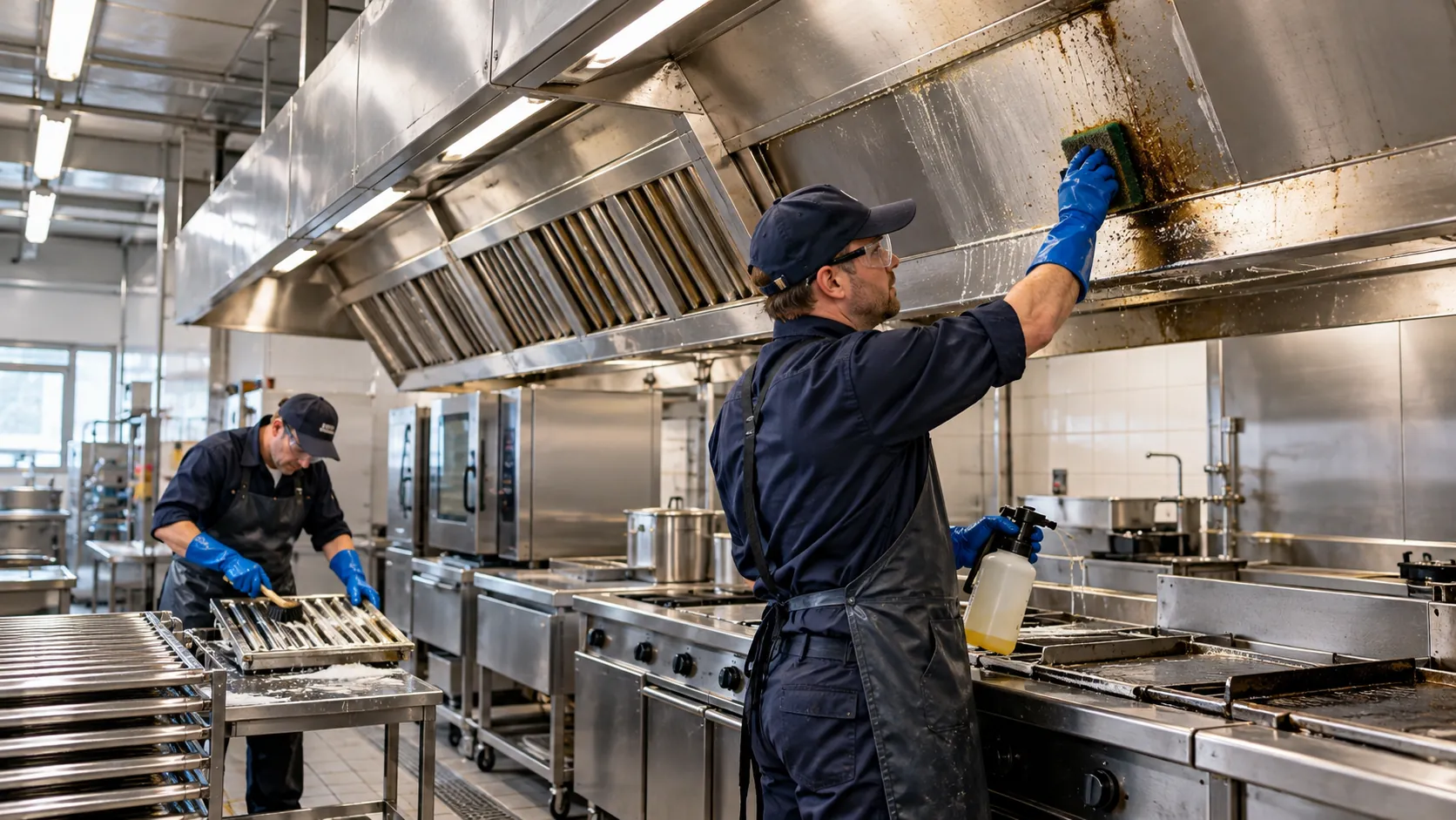 Degreasing an extraction hood and cleaning grease filters in a commercial kitchen