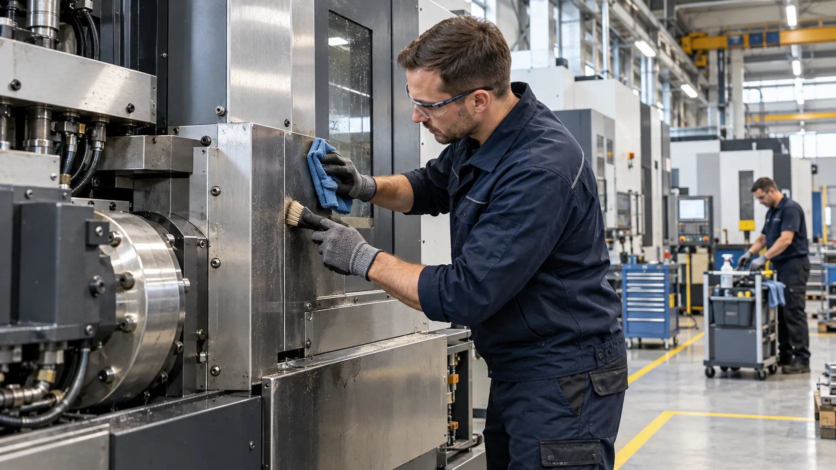 Cleaning the stainless-steel housing of a CNC machine with a brush and cloth on a production floor