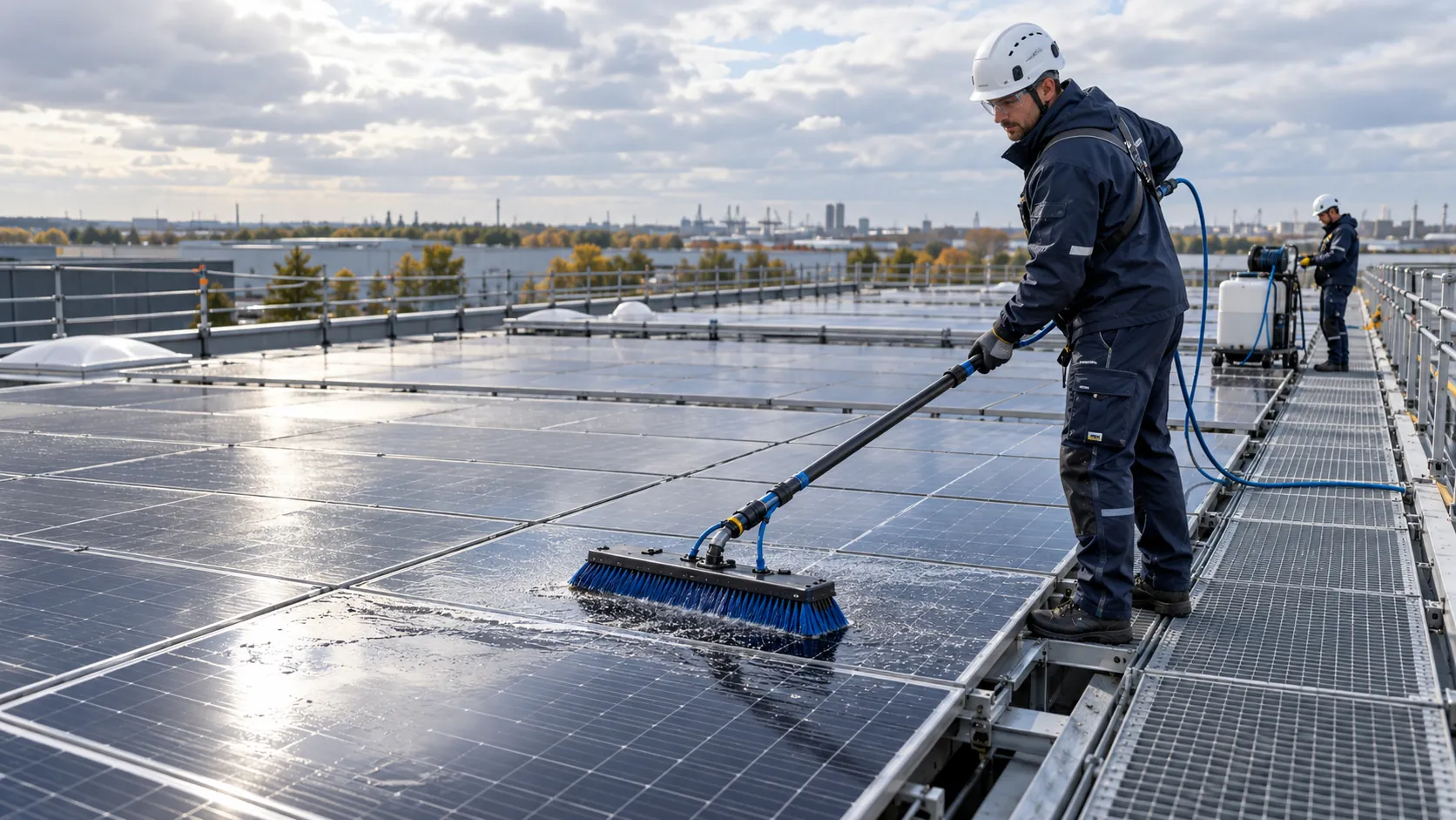 Cleaning photovoltaic modules on a flat roof with a water-fed brush on a telescopic pole