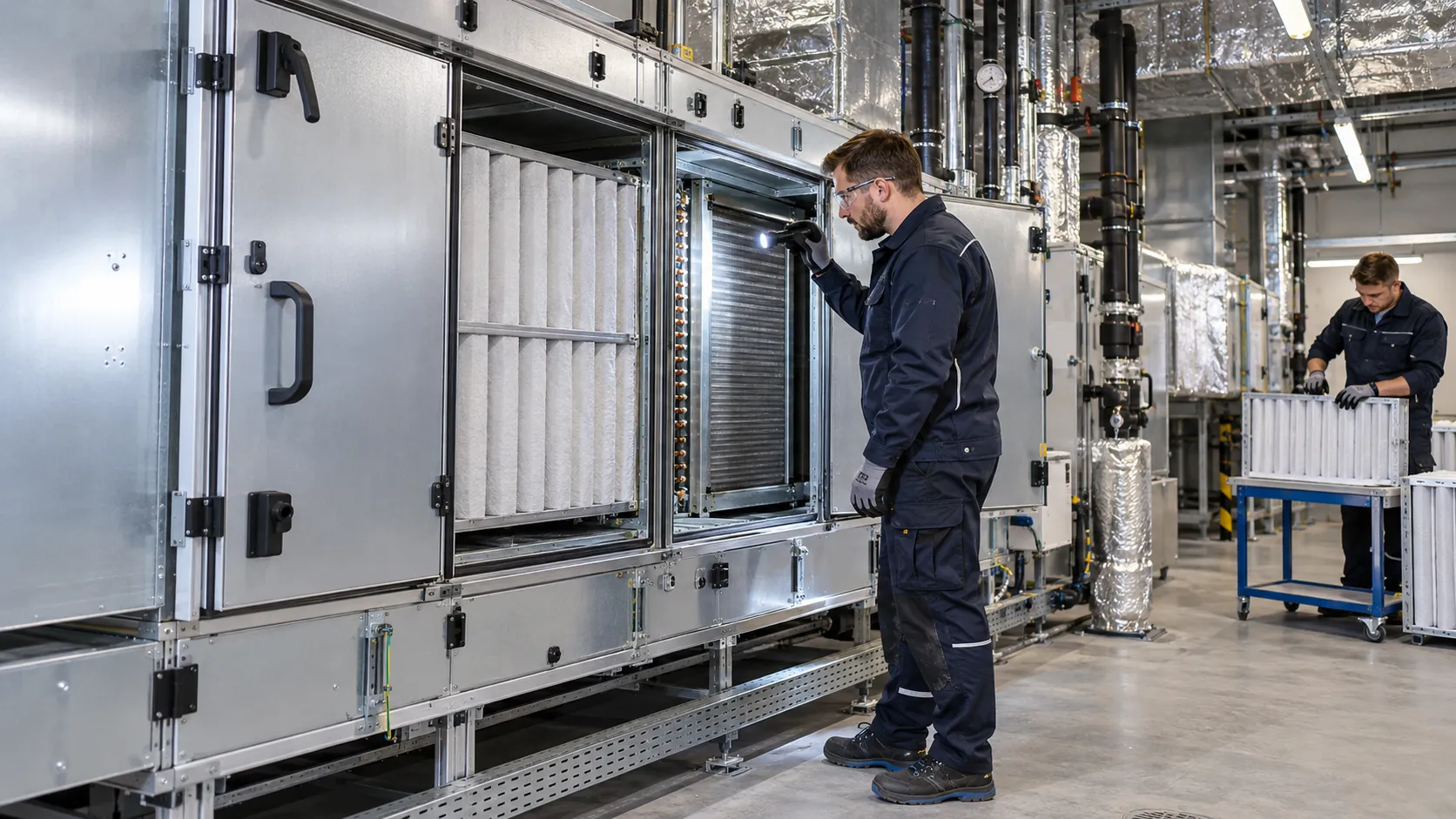 Hygiene inspection of an opened air handling unit with filter section and heat exchanger