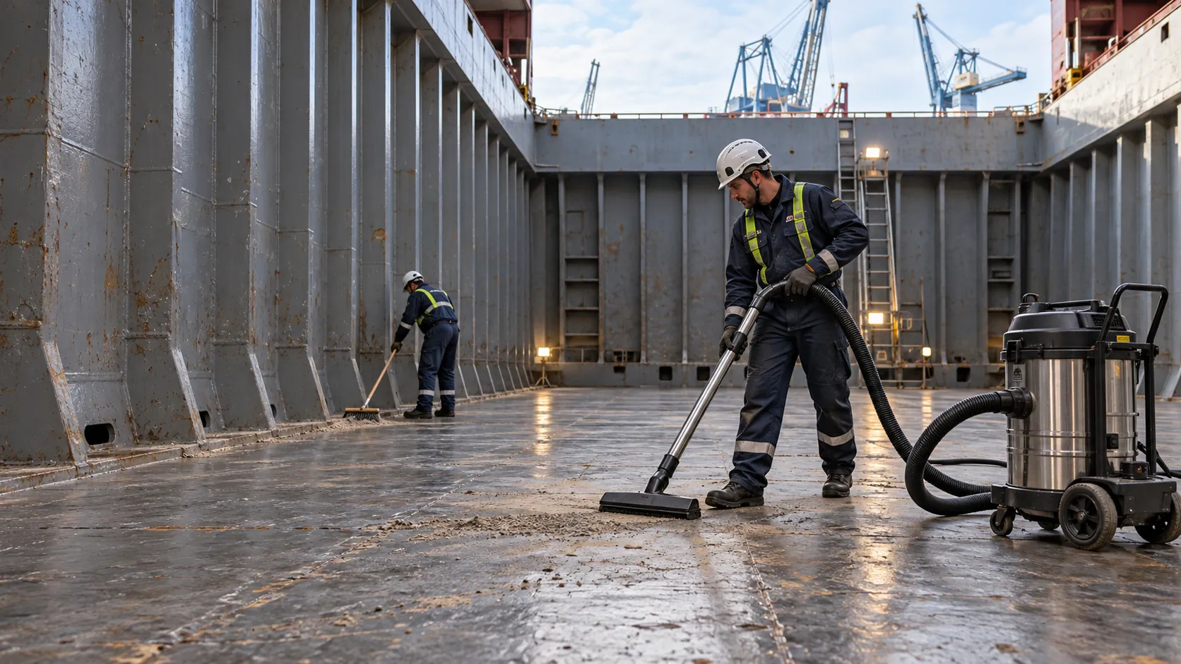 Cleaning a cargo ship's hold with an industrial vacuum and a broom