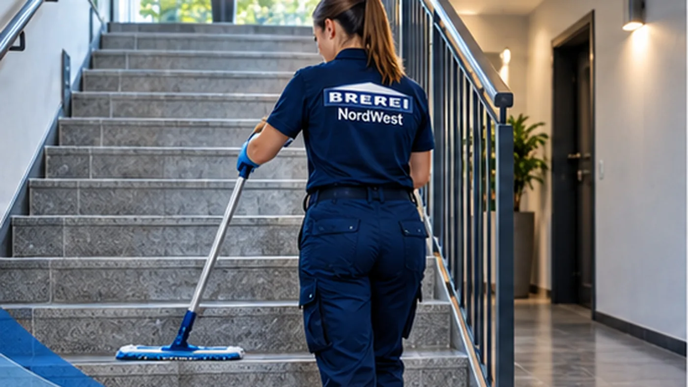 Reinigung einer Steintreppe in einem mehrstöckigen Gebäude mit Flachmopp